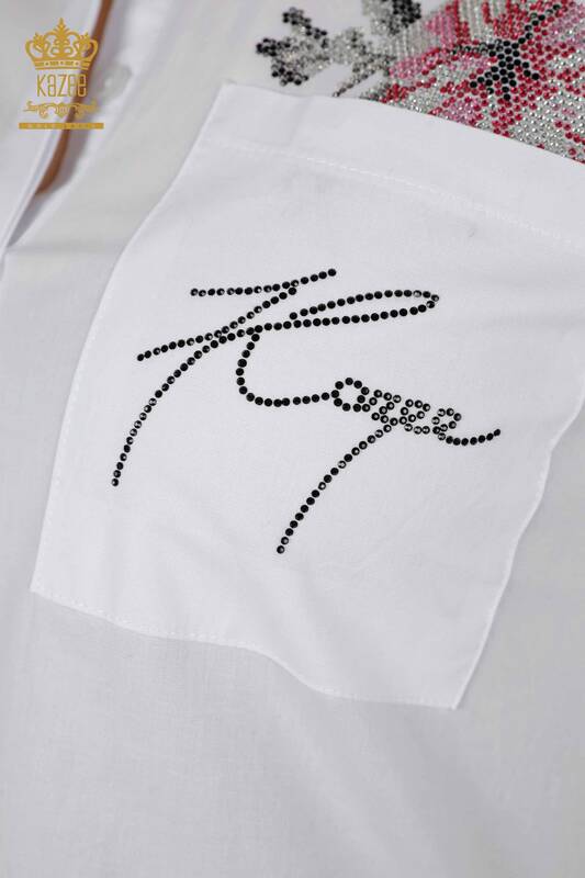 Wholesale Women's Shirt Flower Embroidered White - 20112 | KAZEE