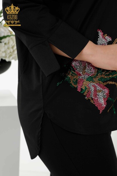 Wholesale Women's Shirt - Floral Pattern - Black - 17053 | KAZEE - Thumbnail