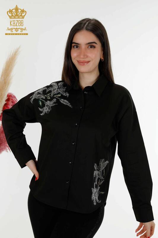 Wholesale Women's Shirt Floral Pattern Black - 20252 | KAZEE