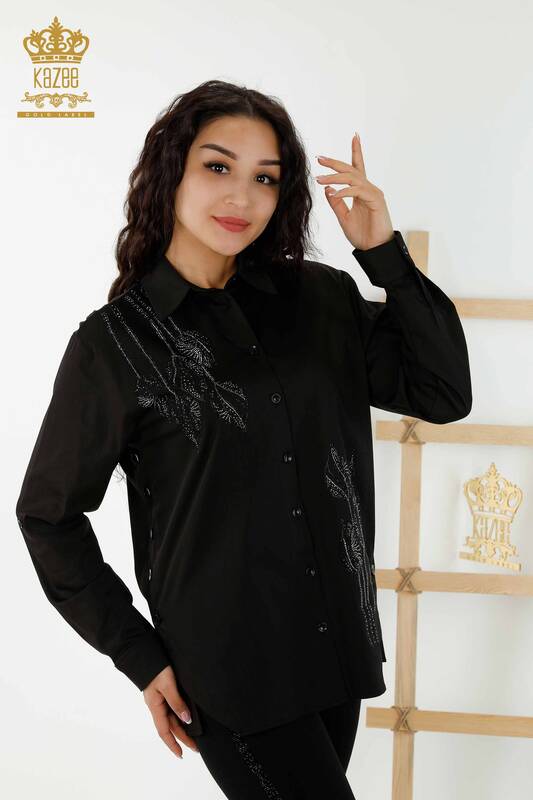 Wholesale Women's Shirt - Floral Pattern - Black - 20297 | KAZEE