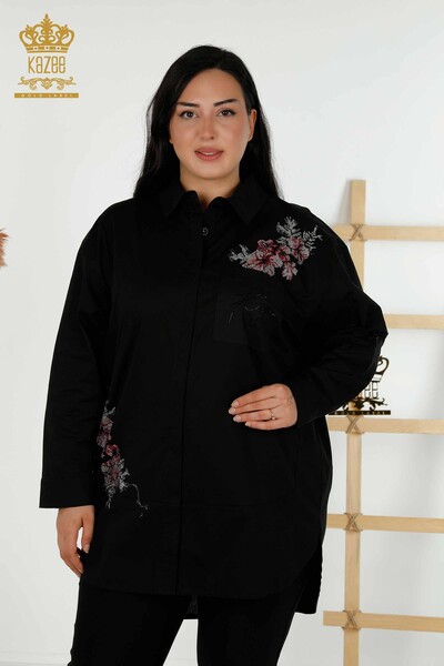 Wholesale Women's Shirt - Floral Pattern - Black - 20439 | KAZEE - Thumbnail