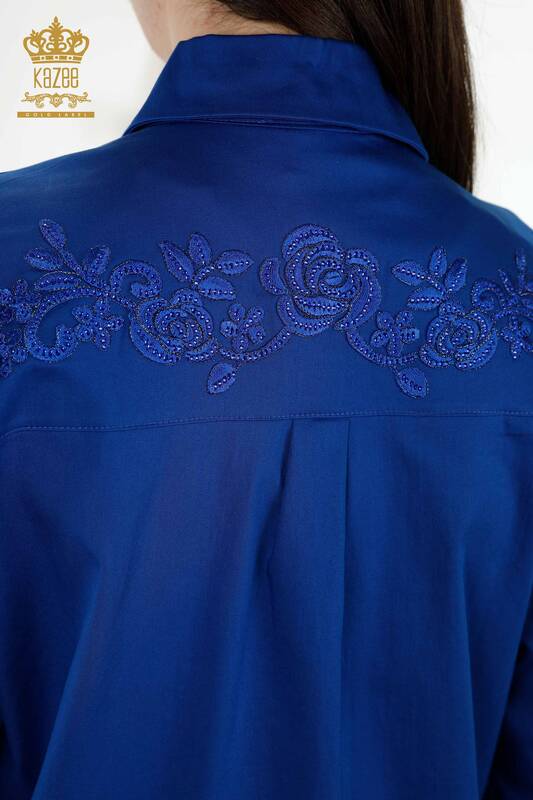 Wholesale Women's Shirt Floral Pattern Dark Blue - 20249 | KAZEE