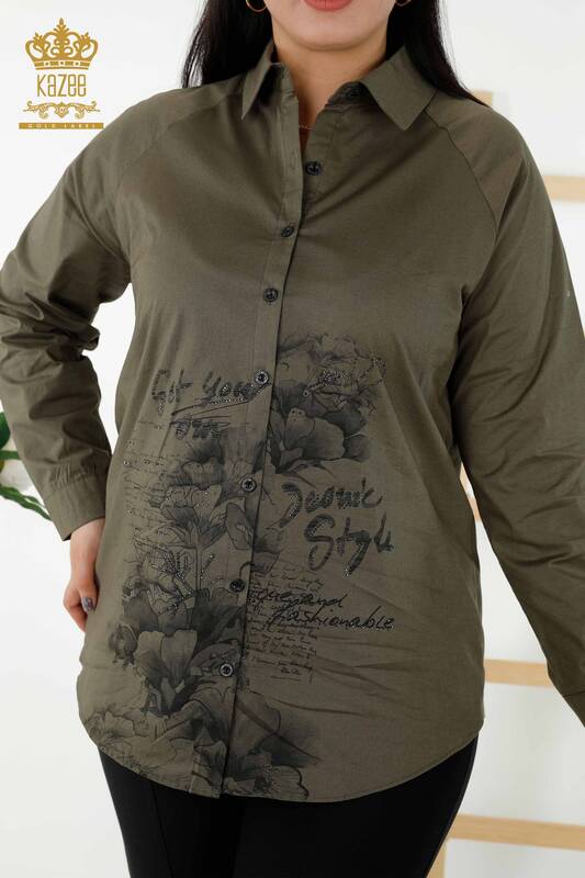 Wholesale Women's Shirt Floral Pattern Khaki - 20351 | KAZEE