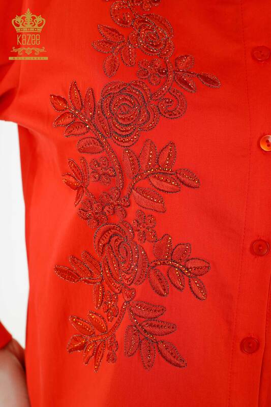 Wholesale Women's Shirt Floral Pattern Orange - 20249 | KAZEE