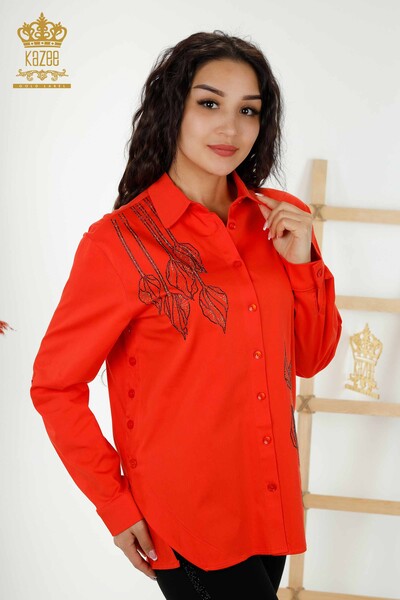 Wholesale Women's Shirt - Floral Pattern - Orange - 20297 | KAZEE - Thumbnail