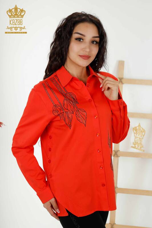 Wholesale Women's Shirt - Floral Pattern - Orange - 20297 | KAZEE