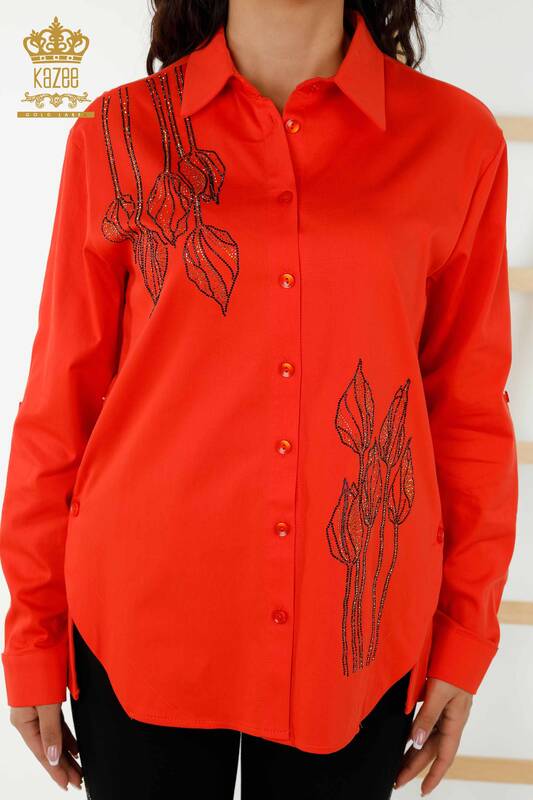 Wholesale Women's Shirt - Floral Pattern - Orange - 20297 | KAZEE