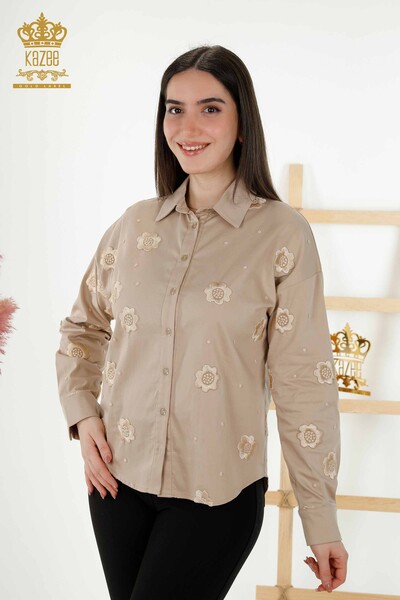 Wholesale Women's Shirt - Floral Embroidered - Beige - 20394 | KAZEE - Thumbnail