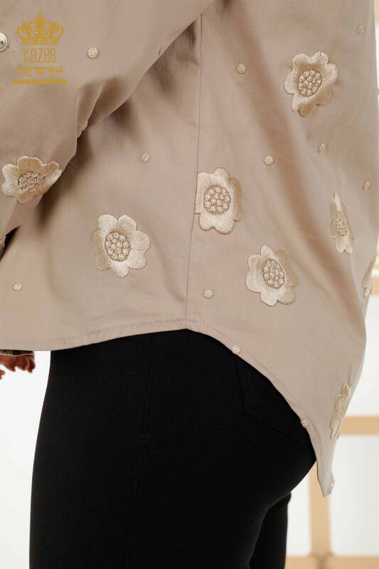 Wholesale Women's Shirt - Floral Embroidered - Beige - 20394 | KAZEE