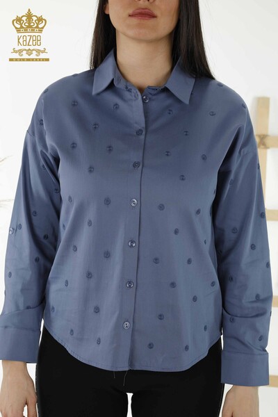 Wholesale Women's Shirt - Floral Embroidery - Indigo - 20254 | KAZEE - Thumbnail