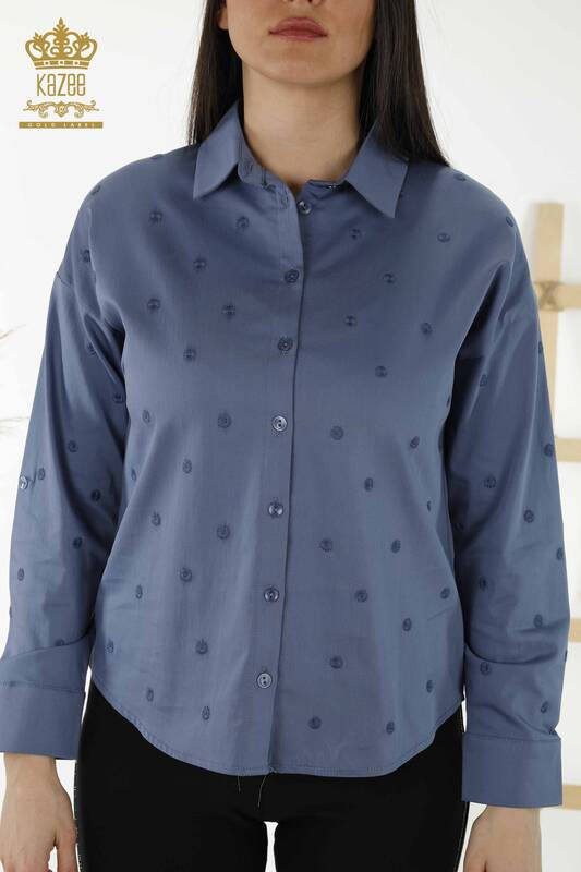 Wholesale Women's Shirt - Floral Embroidery - Indigo - 20254 | KAZEE