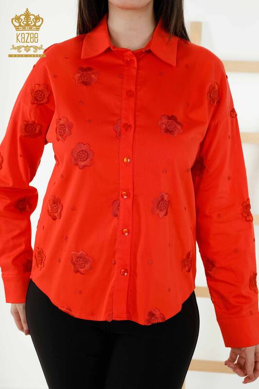 Wholesale Women's Shirt - Flower Embroidered - Orange - 20394 | KAZEE