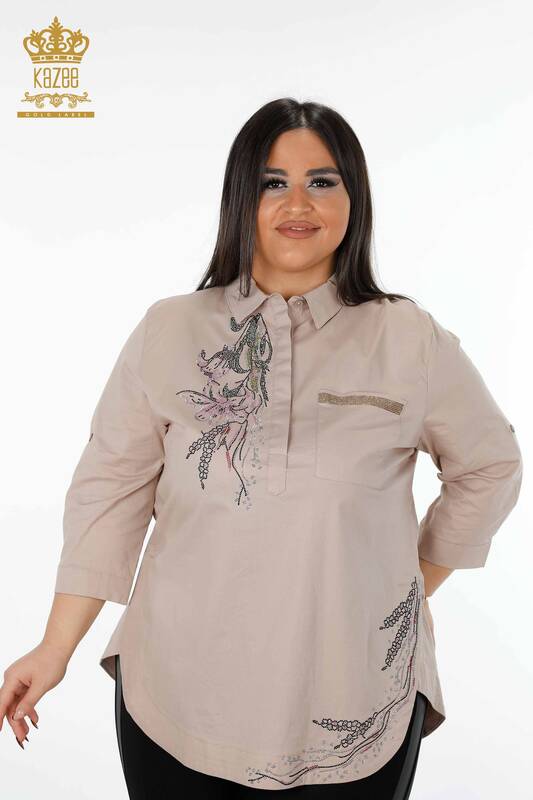 Wholesale Women's Shirt Floral Patterned Embroidery Pocket Detailed - 20142 | KAZEE