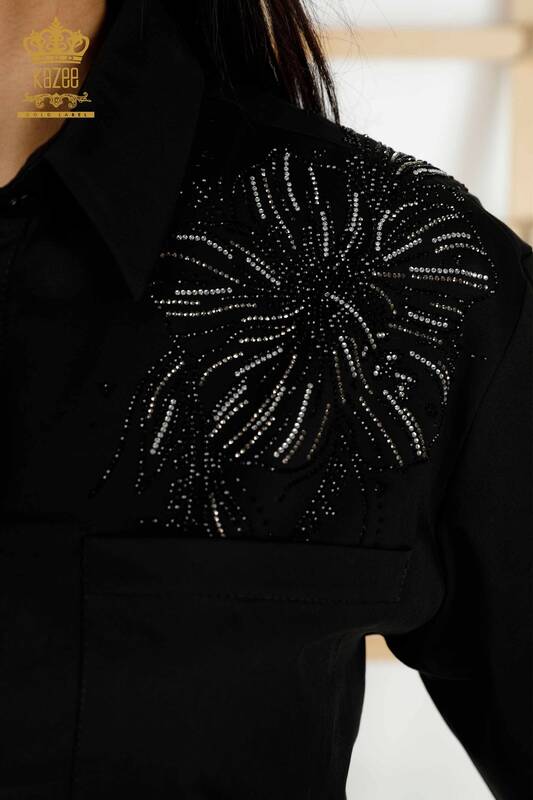 Wholesale Women's Shirt Flower Stone Embroidered Black - 20232 | KAZEE
