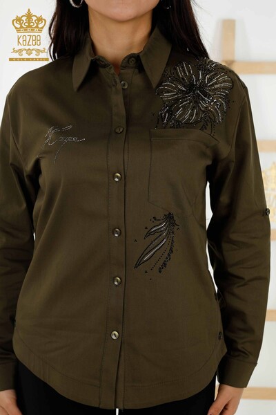 Wholesale Women's Shirt Flower Stone Embroidered Khaki - 20232 | KAZEE - Thumbnail