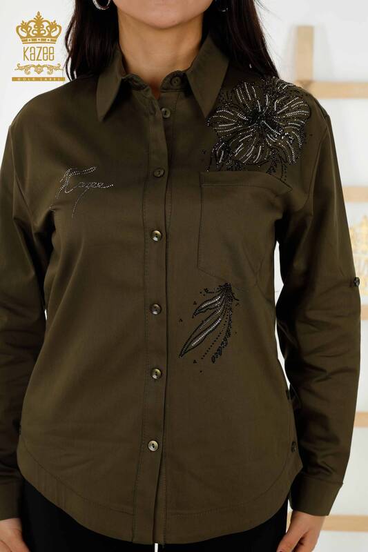 Wholesale Women's Shirt Flower Stone Embroidered Khaki - 20232 | KAZEE