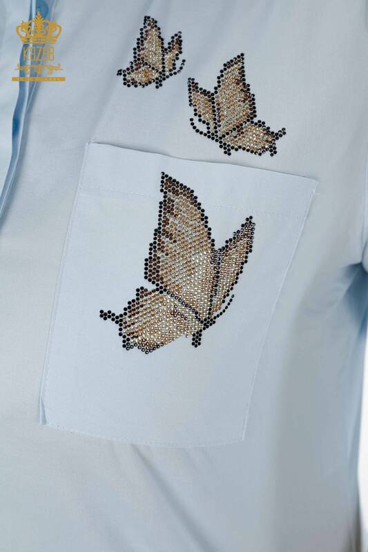 Wholesale Women's Shirt Floral Butterfly Patterned Embroidered Stony Cotton - 20128 | KAZEE
