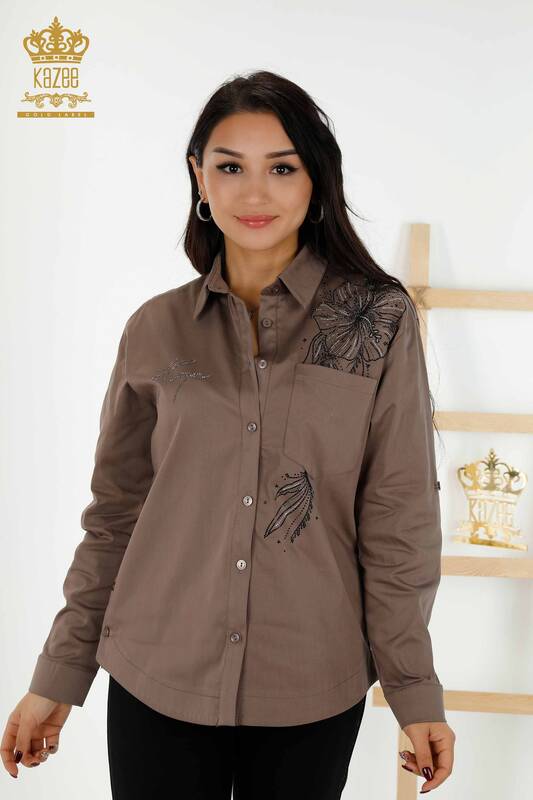 Wholesale Women's Shirt Flower Stone Embroidered Brown - 20232 | KAZEE
