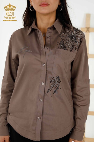 Wholesale Women's Shirt Flower Stone Embroidered Brown - 20232 | KAZEE - Thumbnail