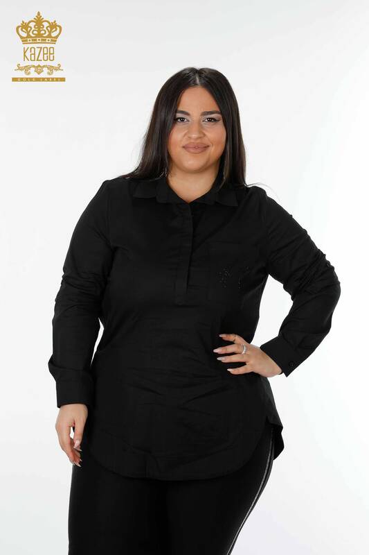Wholesale Women's Shirt Half Button Black - 17230 | KAZEE