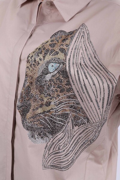 Wholesale Women's Shirt Leopard Pattern Embroidered Stone - 17052 | KAZEE - Thumbnail