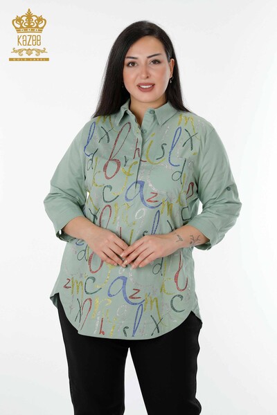 Wholesale Women's Shirt Letter Patterned Khaki - 20123 | KAZEE - Thumbnail