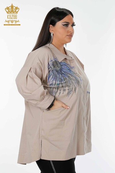 Wholesale Women's Shirt Patterned Beige With Pocket - 20197 | KAZEE - Thumbnail