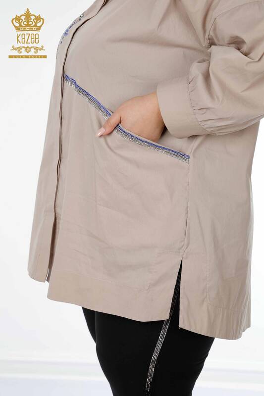 Wholesale Women's Shirt Patterned Beige With Pocket - 20197 | KAZEE