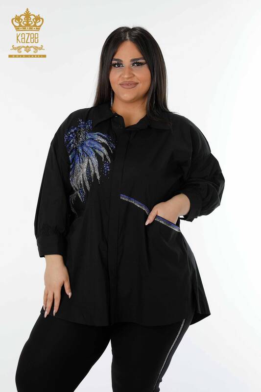 Wholesale Women's Shirt Patterned Black With Pocket - 20197 | KAZEE