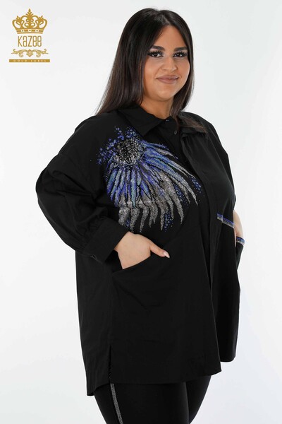 Wholesale Women's Shirt Patterned Black With Pocket - 20197 | KAZEE - Thumbnail