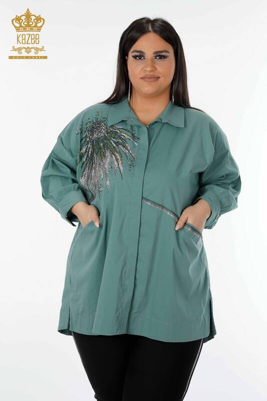 Wholesale Women's Shirt Patterned Pocket Mint - 20197 | KAZEE