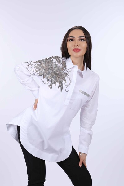 Wholesale Women's Shirt with Pockets Floral Detail on the Shoulder - 20009 | KAZEE - Thumbnail
