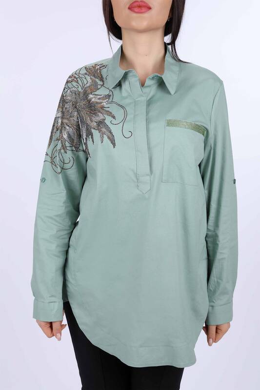 Wholesale Women's Shirt with Pockets Floral Detail on the Shoulder - 20009 | KAZEE