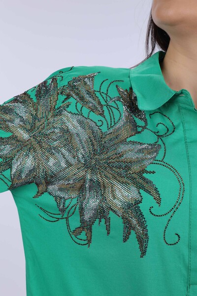 Wholesale Women's Shirt with Pockets Floral Detail on the Shoulder - 20009 | KAZEE - Thumbnail