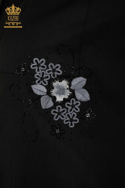 Wholesale Women's Shirt Pockets Stone Embroidered - Black - 20248 | KAZEE