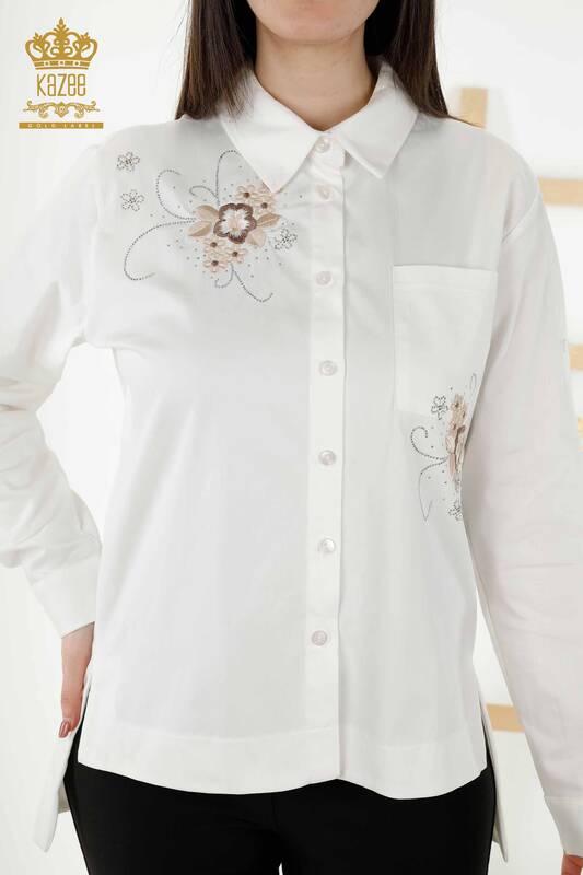 Wholesale Women's Shirts Pockets Stone Embroidered Ecru - 20248 | KAZEE