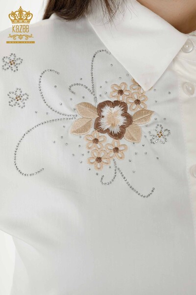 Wholesale Women's Shirts Pockets Stone Embroidered Ecru - 20248 | KAZEE - Thumbnail