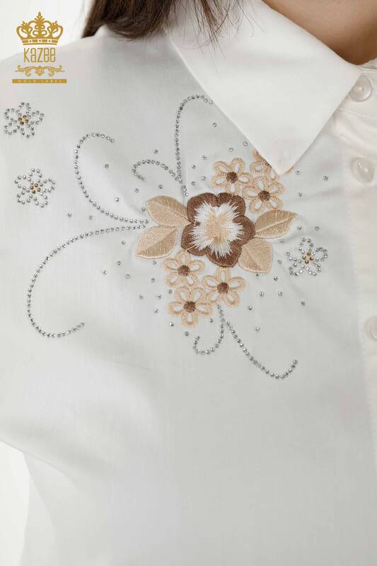 Wholesale Women's Shirts Pockets Stone Embroidered Ecru - 20248 | KAZEE