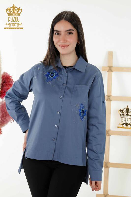 Wholesale Women's Shirt With Pocket - Stone Embroidered - Indigo - 20248 | KAZEE
