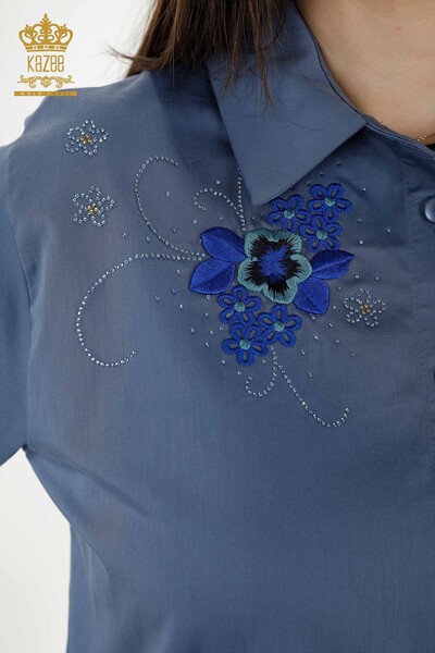 Wholesale Women's Shirt With Pocket - Stone Embroidered - Indigo - 20248 | KAZEE - Thumbnail