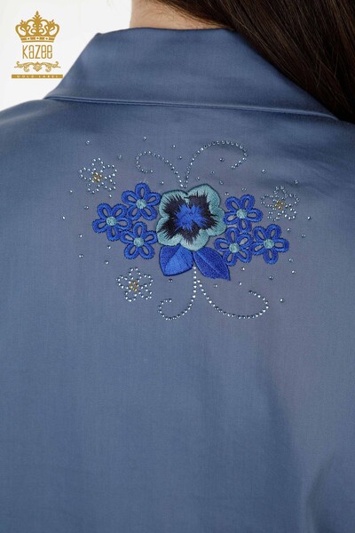 Wholesale Women's Shirt With Pocket - Stone Embroidered - Indigo - 20248 | KAZEE - Thumbnail