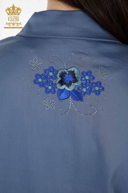 Wholesale Women's Shirt With Pocket - Stone Embroidered - Indigo - 20248 | KAZEE