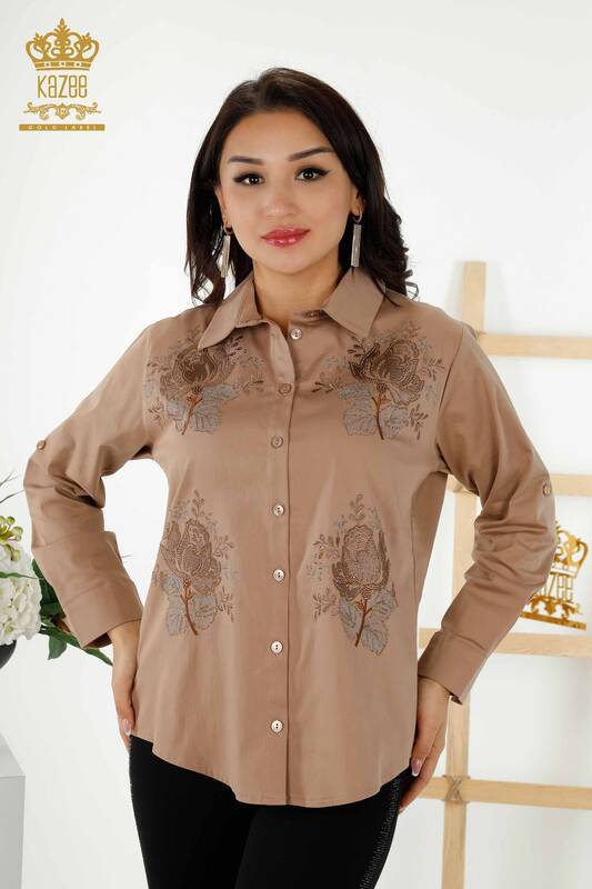 Wholesale Women's Shirt Rose Pattern Beige - 20243 | KAZEE