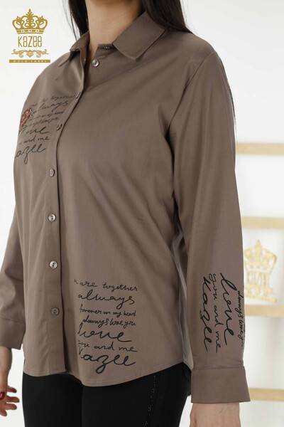 Wholesale Women's Shirt - Rose Pattern - Brown - 20227 | KAZEE - Thumbnail