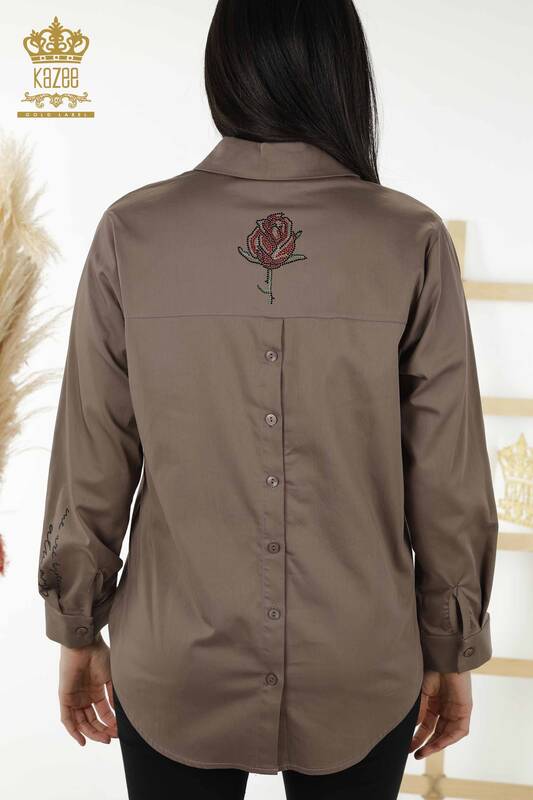 Wholesale Women's Shirt - Rose Pattern - Brown - 20227 | KAZEE