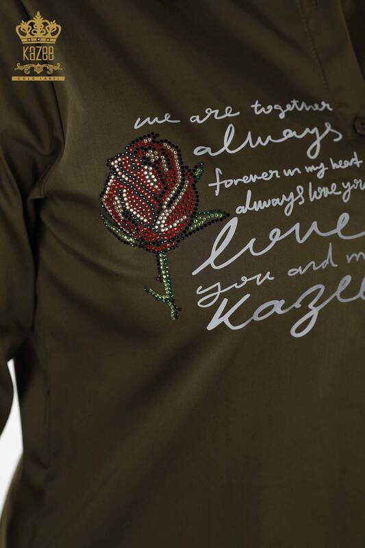 Wholesale Women's Shirt - Rose Pattern - Khaki - 20227 | KAZEE