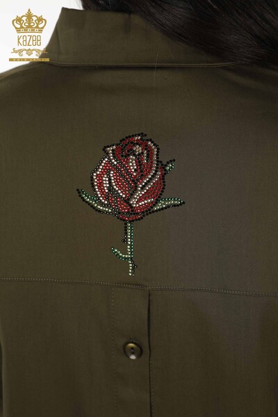 Wholesale Women's Shirt - Rose Pattern - Khaki - 20227 | KAZEE - Thumbnail
