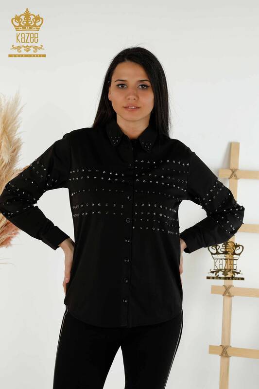 Wholesale Women's Shirt - Staples - Stone Detailed - Black - 20230 | KAZEE
