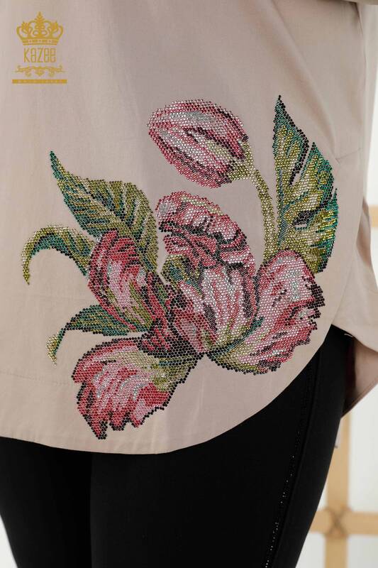 Wholesale Women's Shirt Stone Embroidered Beige - 20008 | KAZEE