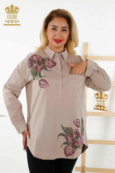 Wholesale Women's Shirt Stone Embroidered Beige - 20008 | KAZEE - Thumbnail